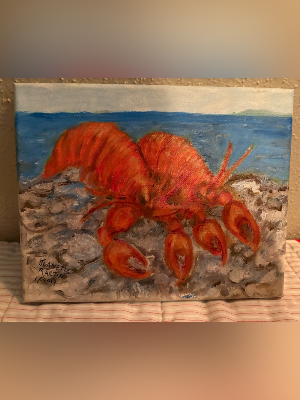 Orange Lobster Beach Original Oil  Art Canvas